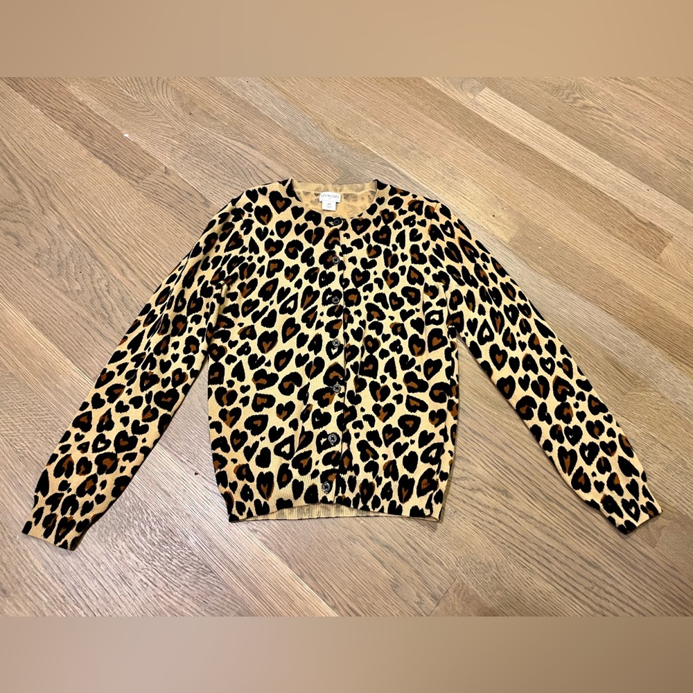 J. Crew Girls' cardigan in leopard hearts. Color: TAN BROWN. Size: 10.